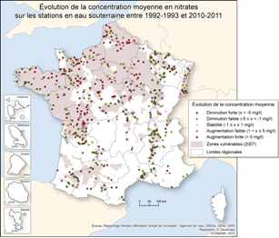 Evolution de la concentration moyenne en nitrates sur les stations en eau souterraine entre 1992-1993 et 2010-2011