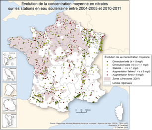 Evolution de la concentration moyenne en nitrates sur les stations en eau souterraine entre 2004-2005 et 2010-2011