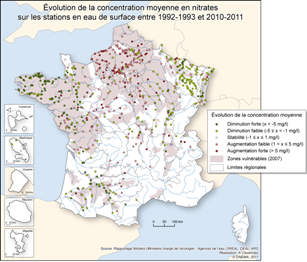 Evolution de la concentration moyenne en nitrates sur les stations en eau de surface entre 1992-1993 et 2010-2011